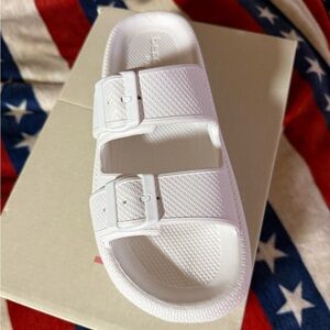 New in Box-White Slide Sandals with Buckles